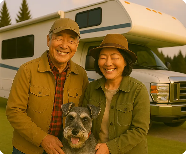 RVで旅する家族と犬
